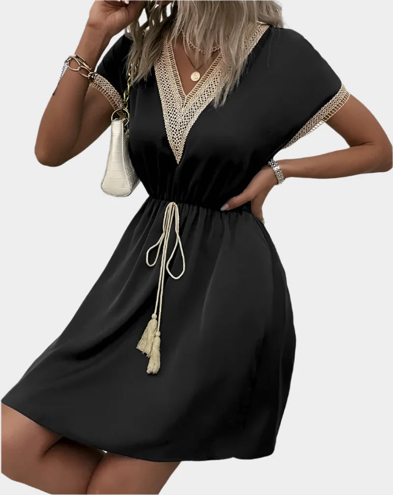 Romantic Boho Dress with Belt and V-Neck