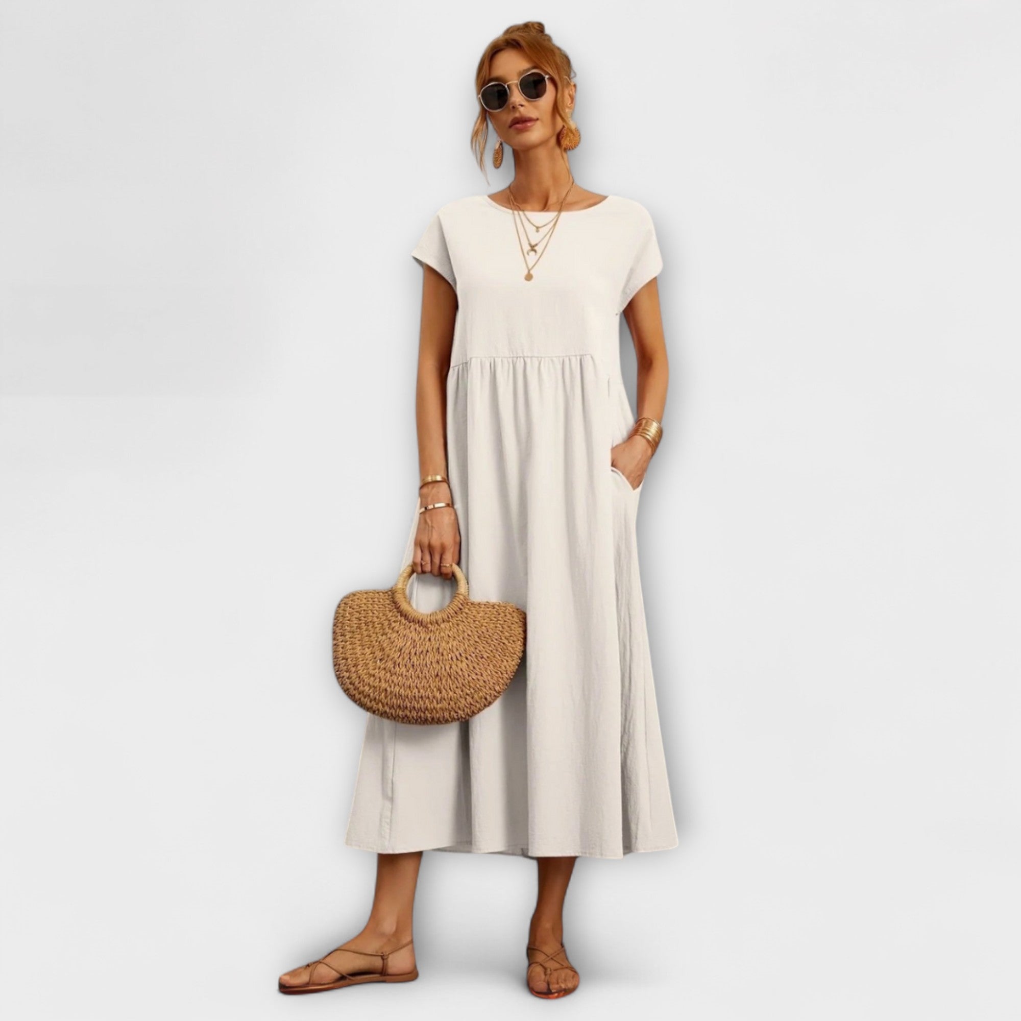 Midi Dress with Simple Line and Side Pockets