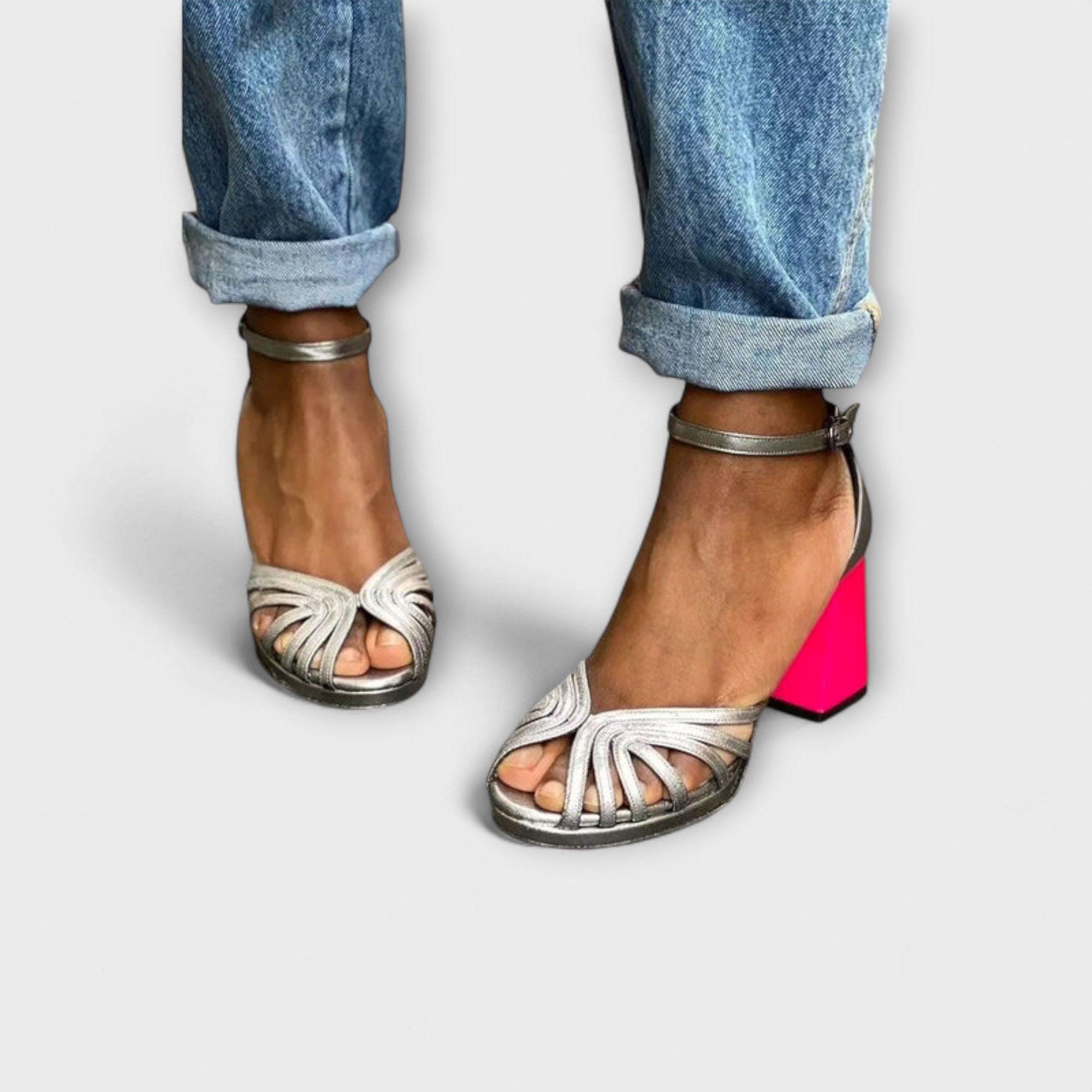 Metallic Sandals with Fuchsia Heel