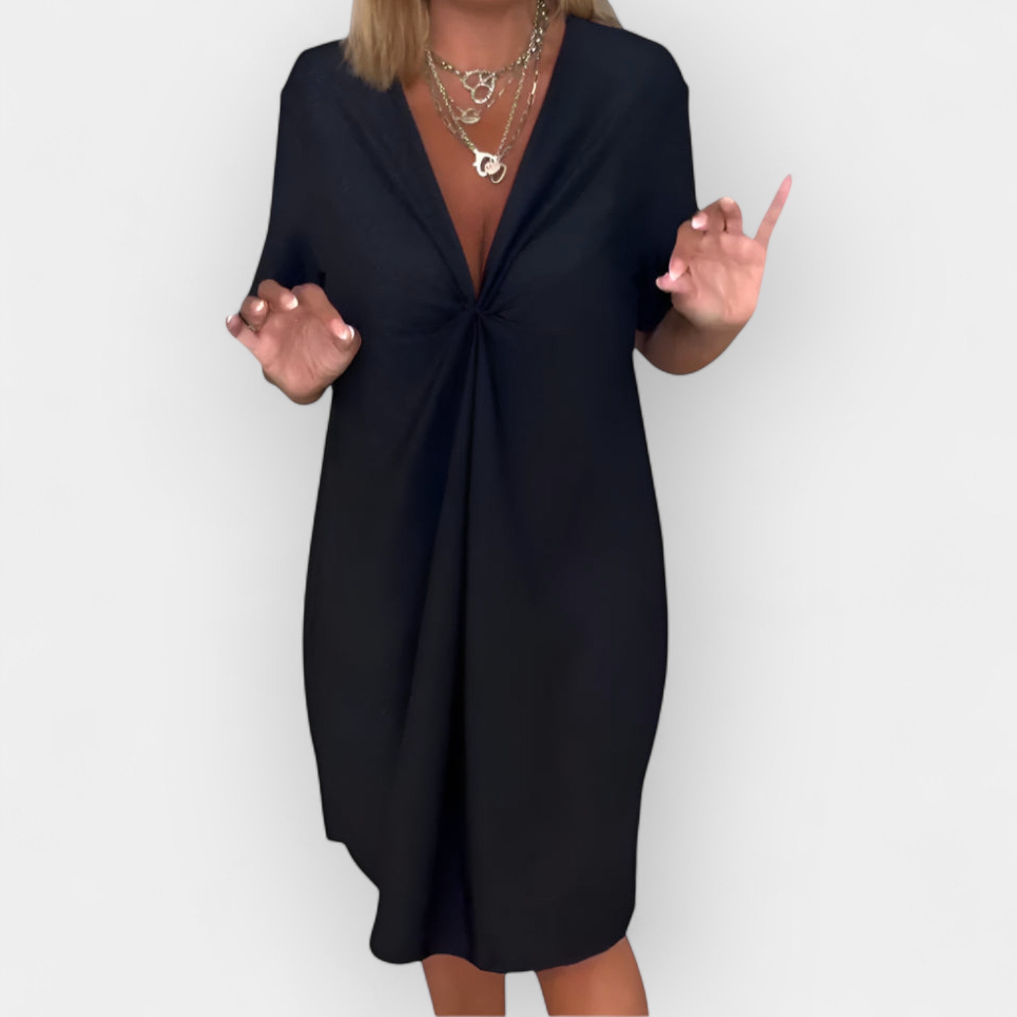 Elegant dress with V-neckline and decorative hem