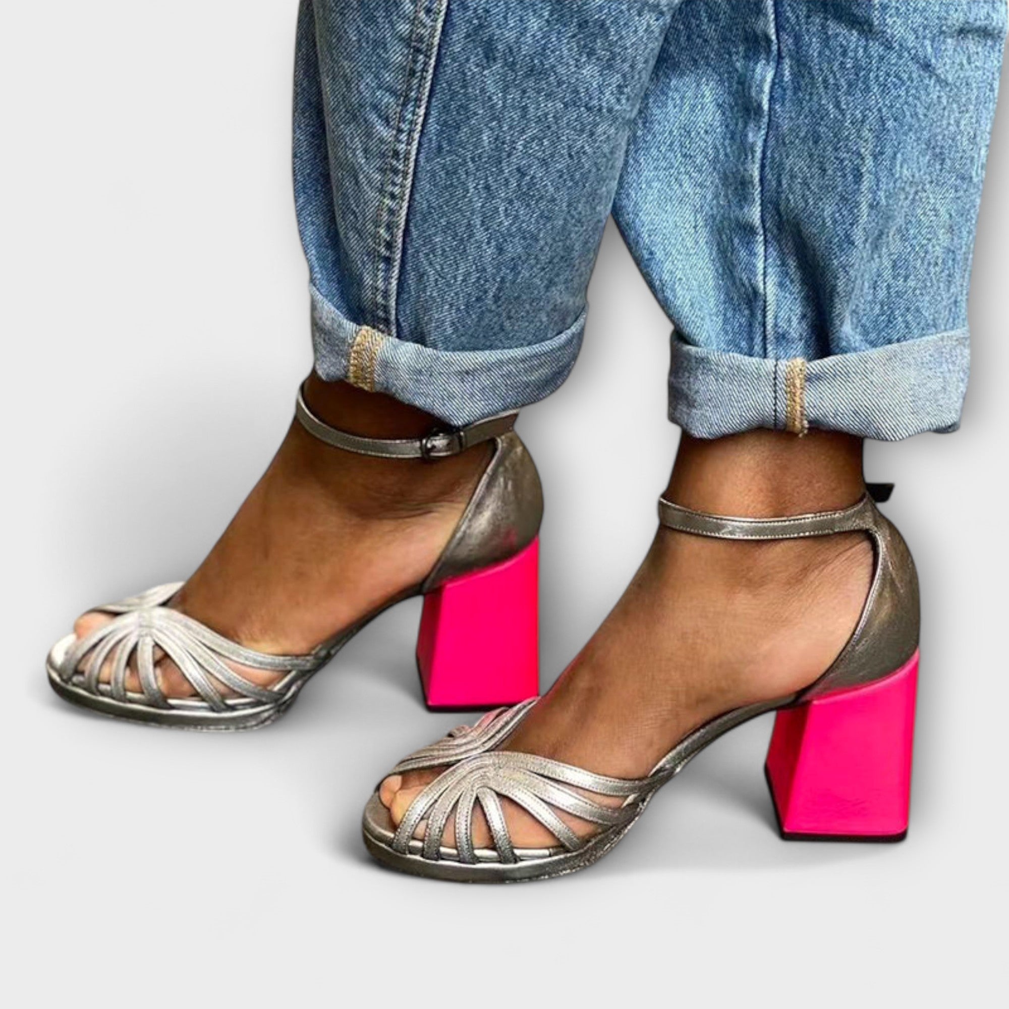 Metallic Sandals with Fuchsia Heel