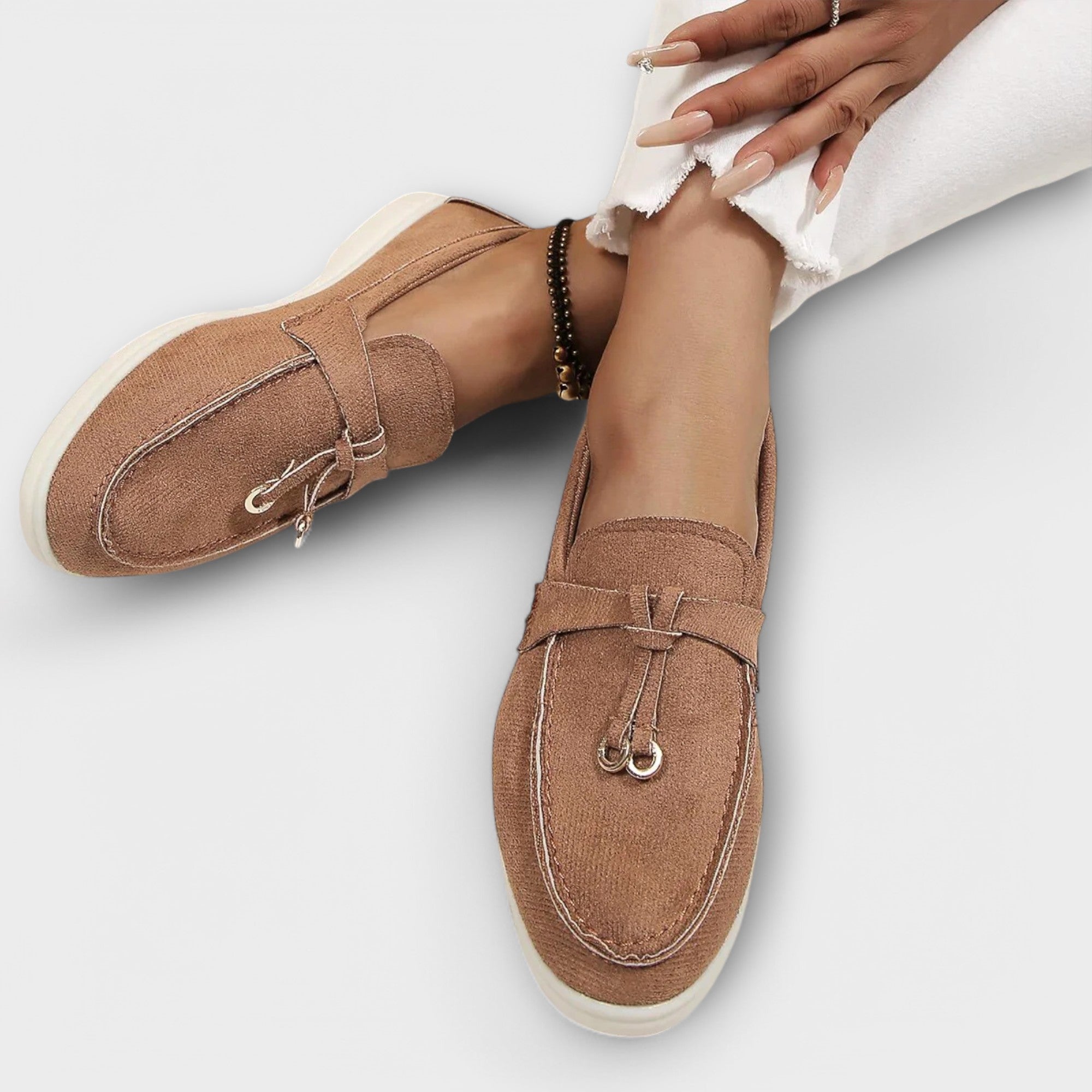 Women's Beige Loafers with Decorative Laces