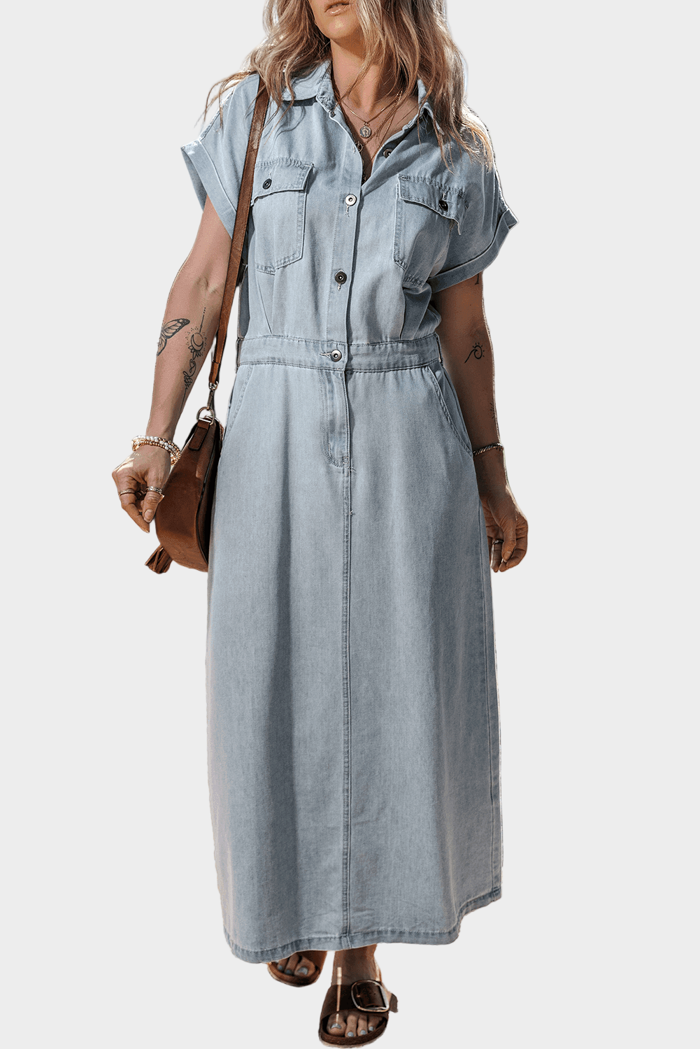 Denim Dress with Elegant Short Batwing Sleeves