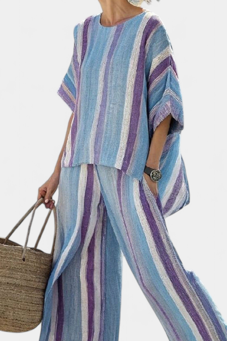 Elegant Daisy Striped Set in Malva and Light Blue Shades for a Sophisticated Look