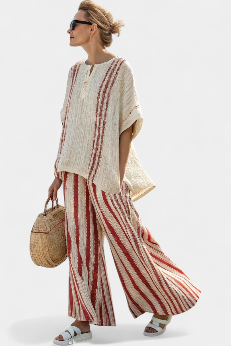Stunning Two-Piece Daisy Suit with Red Stripes in Natural Texture