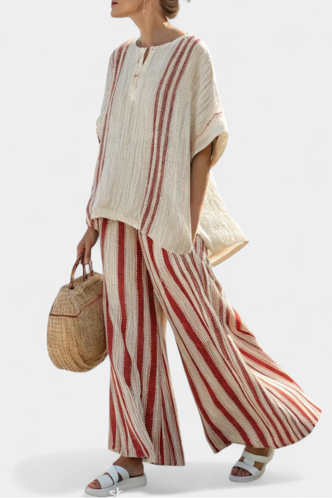 Stunning Two-Piece Daisy Suit with Red Stripes in Natural Texture
